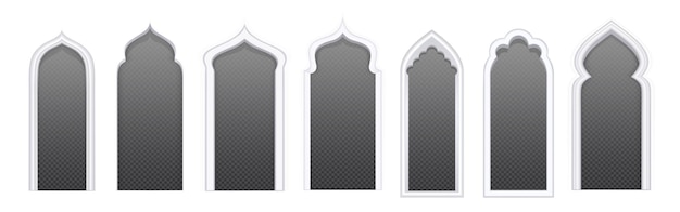 La porte arabe arche différentes formes pour l'architecture islamique et orientale de la mosquée Ensemble vectoriel réaliste de cadres de porte arabes traditionnels dans un mur blanc avec un fond transparent