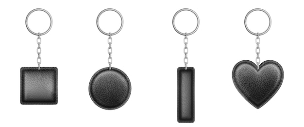 Vecteur gratuit porte-clés en cuir noir de différentes formes avec chaîne et anneau en métal.