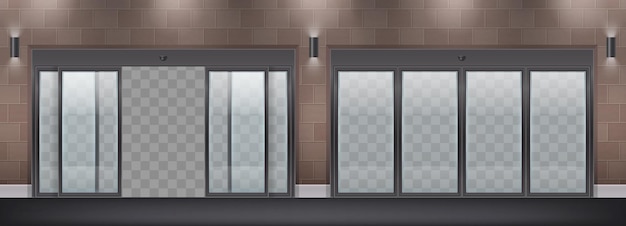Vecteur gratuit porte d'entrée en verre deux compositions réalistes avec portes ouvertes et fermées dans le mur avec illustration transparente