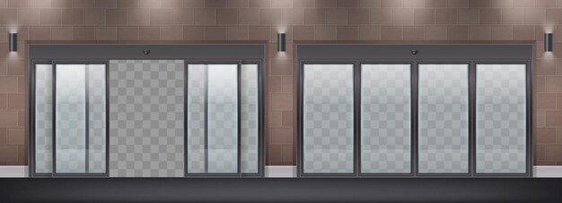 Porte d'entrée en verre deux compositions réalistes avec portes ouvertes et fermées dans le mur avec illustration transparente