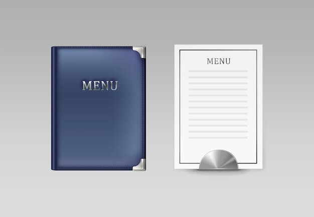 Porte-livre de menu café bleu Vector et vue de dessus de carte blanche isolée sur fond gris