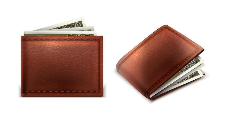 Vecteur gratuit portefeuille en cuir de vecteur avec de l'argent à l'intérieur en vue latérale et frontale