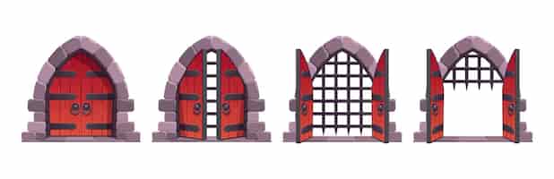 Vecteur gratuit les portes du château médiéval ouvrent l'actif vectoriel d'animation