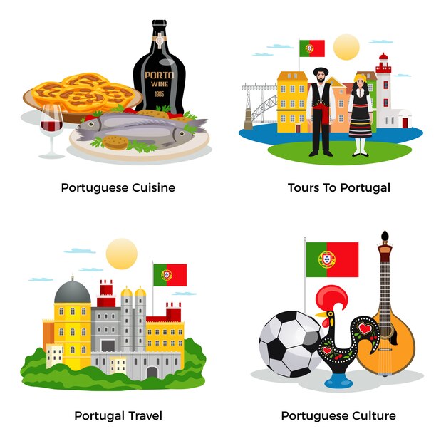 Portugal, tourisme, concept, icônes, ensemble, à, cuisine, et, culture, symboles, plat, isolé