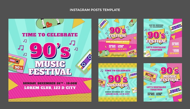 Vecteur gratuit post instagram du festival de musique des années 90 au design plat