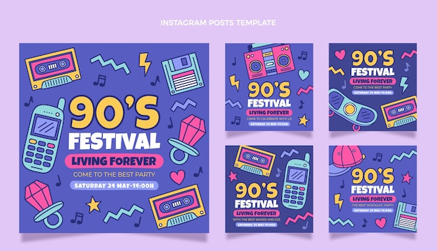 Vecteur gratuit post instagram du festival de musique des années 90 dessiné à la main