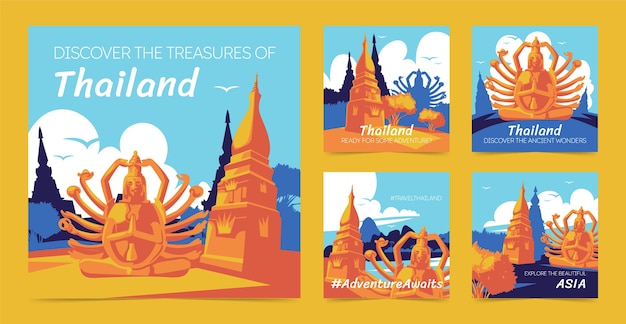 Vecteur gratuit poste instagram de voyage en thaïlande dessiné à la main