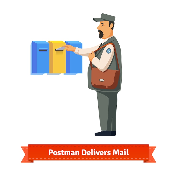 Vecteur gratuit postman livre une lettre dans une boîte aux lettres colorée