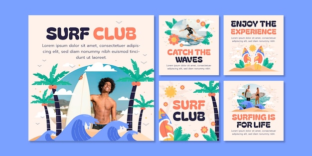 Vecteur gratuit posts instagram d'aventure de surf