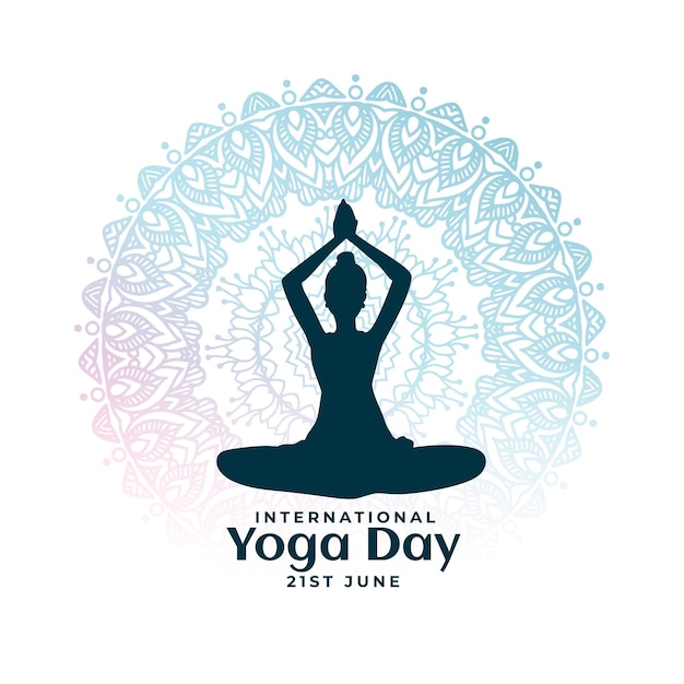 Vecteur gratuit posture de la journée mondiale du yoga avec conception d'affiche de mandala