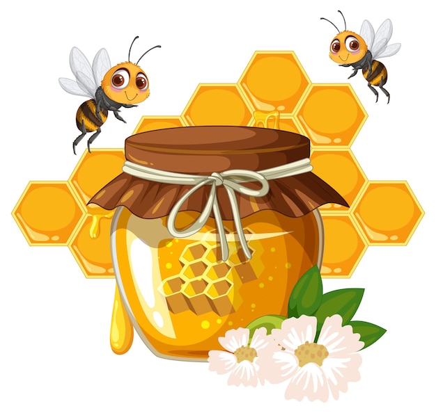 Un pot de miel avec des abeilles et des fleurs