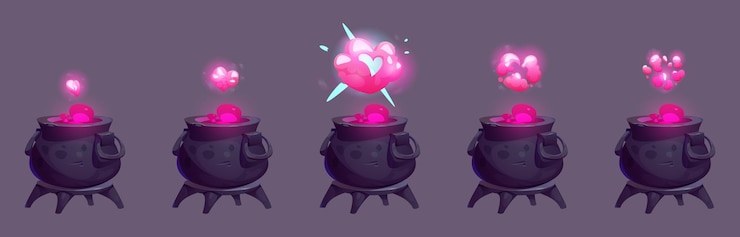 Vecteur gratuit pot de sorcière magique rose animation sprite de dessin animé nuage de vapeur de cœur au-dessus potion d'amour dans une illustration vectorielle spritesheet séquence avec chaudière à bulles et mystère évaporation de sorcellerie chaude
