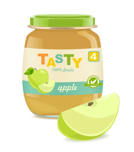 Pot En Verre Avec De La Nourriture Pour Bebe Aux Pommes Vecteur Premium