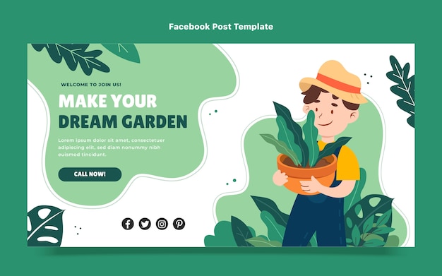 Vecteur gratuit poteau facebook de jardinage dessiné à la main avec pot de plante