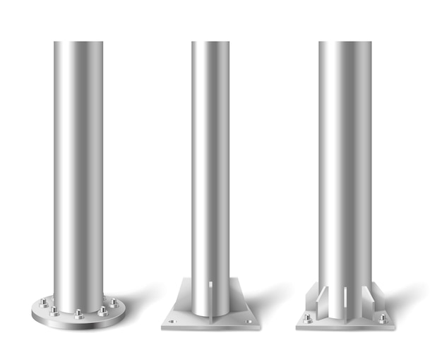 Poteaux métalliques. poteau de construction en acier, tuyaux en aluminium et colonne en métal. piliers verticaux métalliques, poteaux, rails pour support vertical dans la construction et l'ingénierie. illustration vectorielle