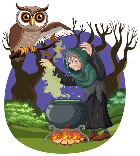 Vecteur gratuit potion de brassage de sorcière dans la forêt sombre