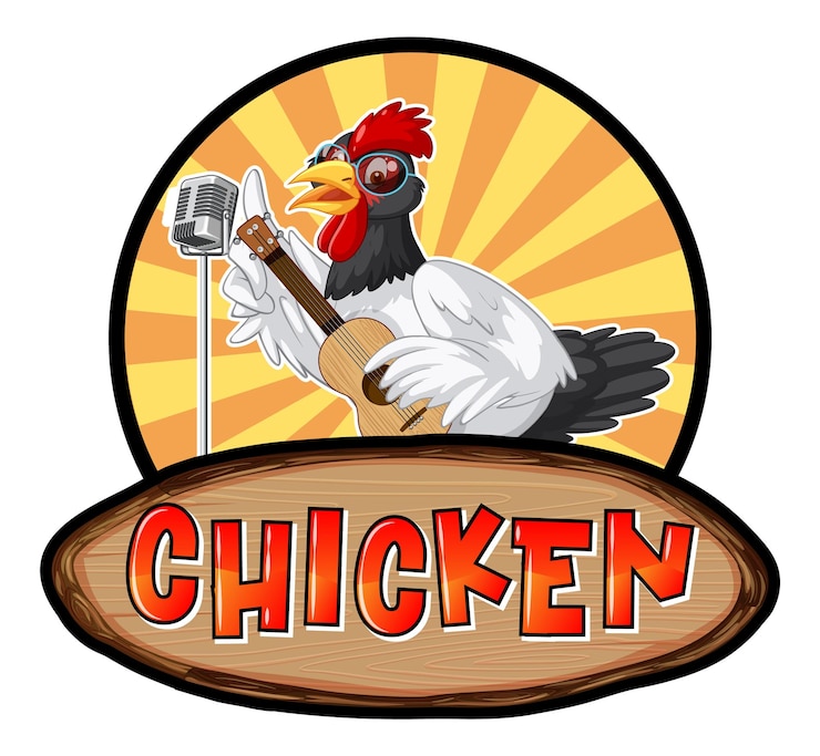Vecteur gratuit poulet jouant du logo de personnage de dessin animé de guitare