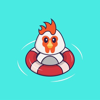 Le poulet mignon nage avec un concept de dessin animé animal de bouée isolé