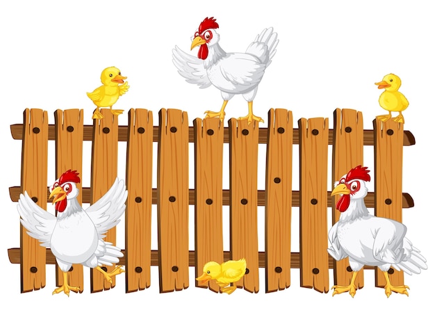 Vecteur gratuit poulets sur clôture en bois