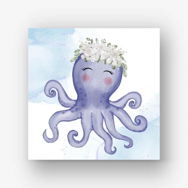 Poulpe Mignon Avec Illustration Aquarelle Fleur Blanche
