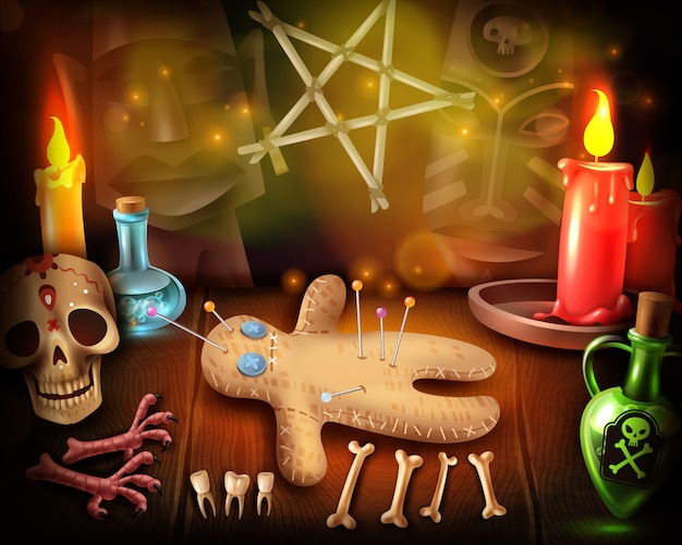 Vecteur gratuit poupée vaudou culte rituels religieux illustration réaliste avec des pratiques spirituelles occultes crânes aux chandelles mystique