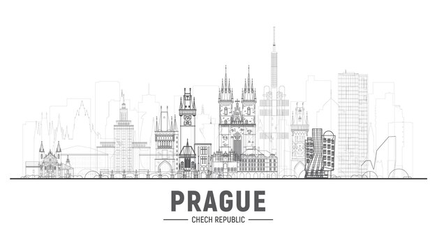 Prague, République tchèque, ligne d'horizon de la ville sur fond blanc Illustration vectorielle Concept de voyage et de tourisme d'affaires avec des bâtiments modernes Image pour bannière ou site Web