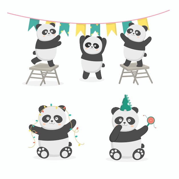 Vecteur gratuit préparation de la fête d'anniversaire de panda ensemble. ils ont décoré le lieu avec des drapeaux et des lumières. illustration de dessin animé de célébration dans un style plat