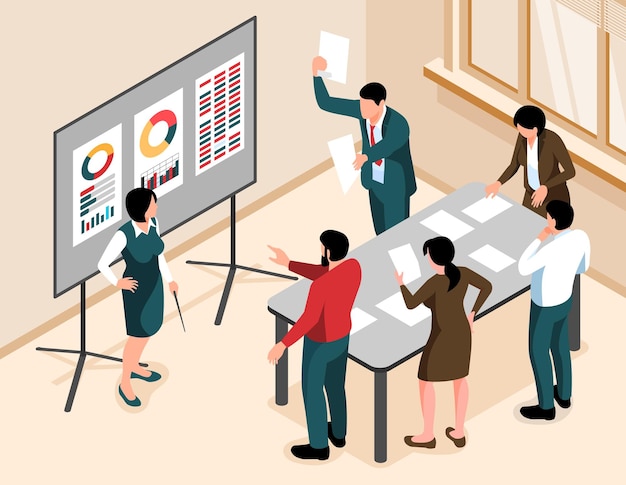 Présentation du fond horizontal du concept d'entreprise avec les employés ont participé à la discussion avec l'illustration vectorielle isométrique du lecteur