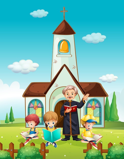 Vecteur gratuit prêtre et enfants à l'église
