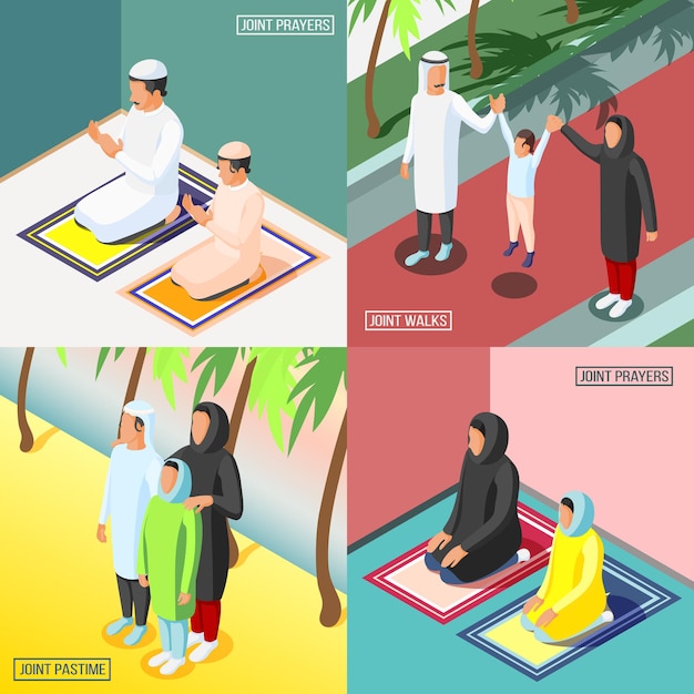 Vecteur gratuit prier et marcher les familles arabes avec leurs enfants 2x2 concept de conception isométrique 3d illustration vectorielle isolée