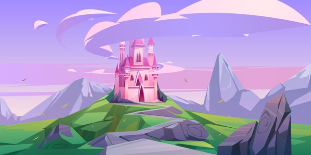 Vecteur gratuit princesse du château magique rose ou palais des fées sur rocher