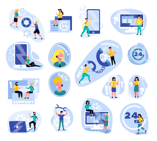 Vecteur gratuit prise en charge du centre d'appels ensemble d'icônes isolées avec des icônes de gadgets de personnages humains doodle