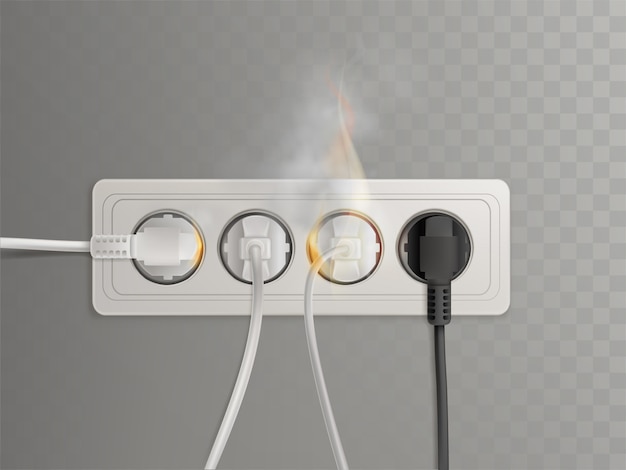 Vecteur gratuit prise électrique enflammée dans une prise électrique horizontale