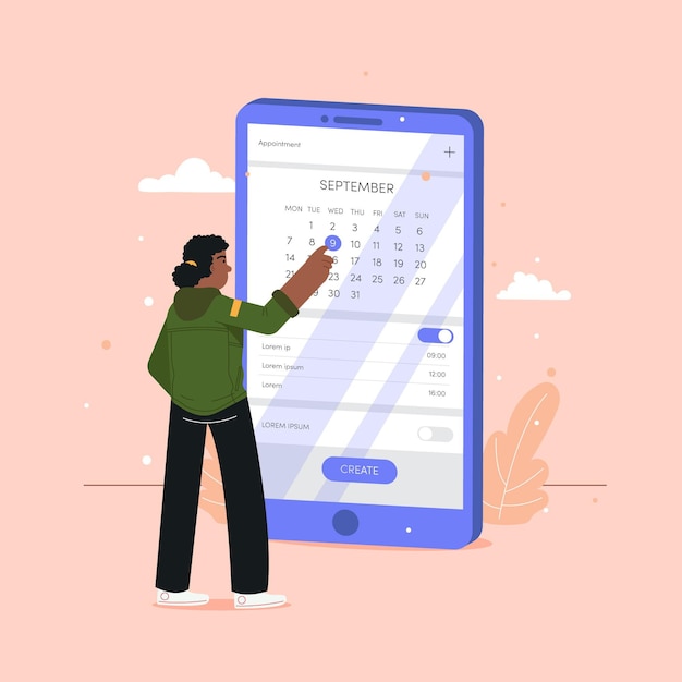 Vecteur gratuit prise de rendez-vous avec smartphone et femme