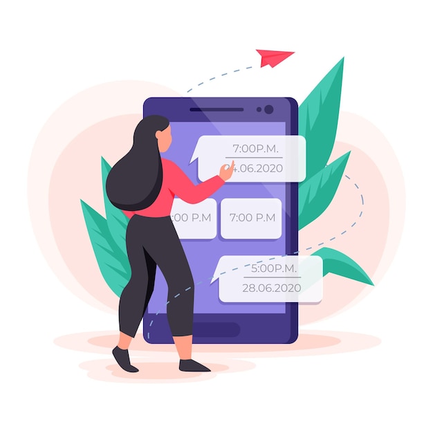 Vecteur gratuit prise de rendez-vous avec smartphone et femme