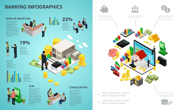 Processus bancaire isométrique infographique avec paiements en ligne pièces d'argent calculatrice de lingots d'or clients employés de banque