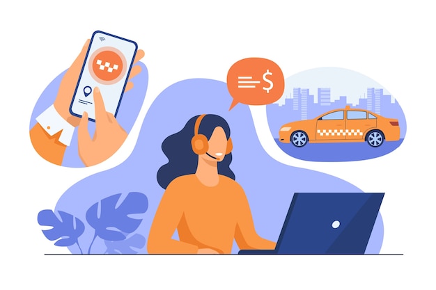 Vecteur gratuit processus de commande en ligne de la cabine. mains de passager utilisant l'application de service de taxi sur la cellule, répartiteur dans le casque prenant l'ordre. pour application mobile, taxi, concept de transport urbain