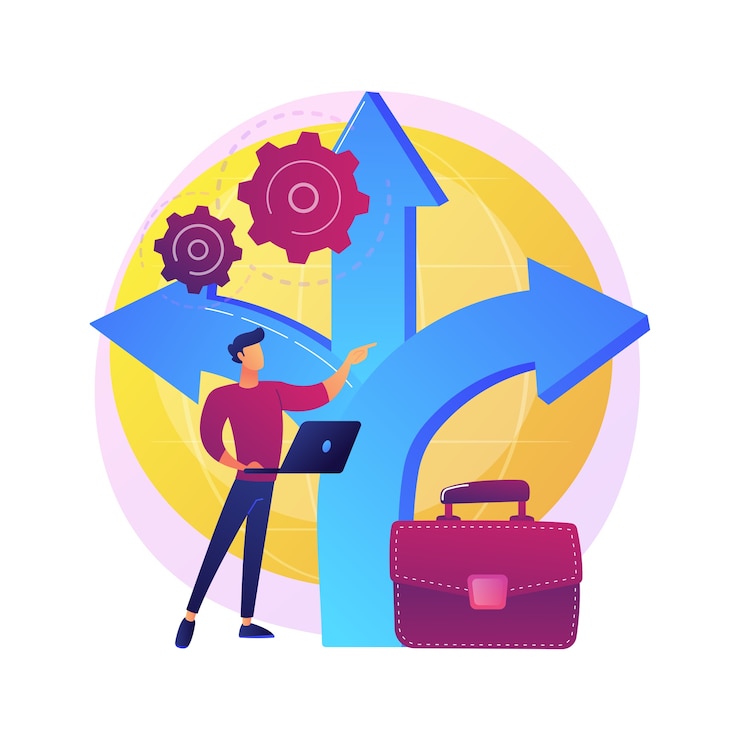 Vecteur gratuit processus décisionnel. trouver une solution, un choix important, analyser les opportunités. homme d'affaires à la croisée des chemins en choisissant la direction, en considérant la stratégie