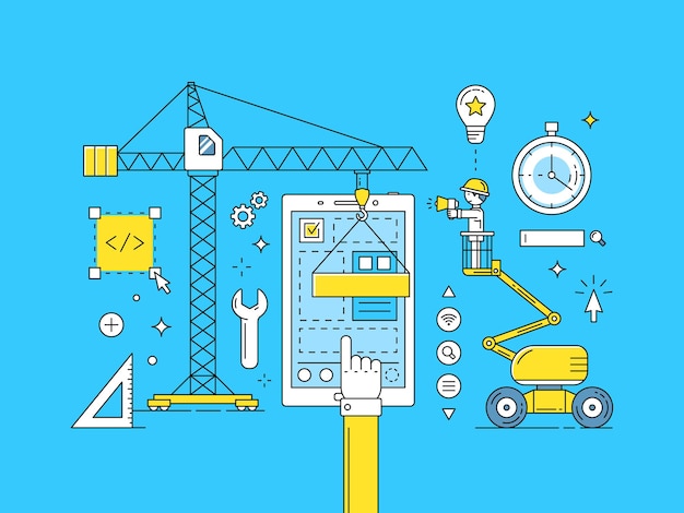 Vecteur gratuit processus de développement d'applications mobiles en ligne mince ui ux. construction d'une illustration de conception web
