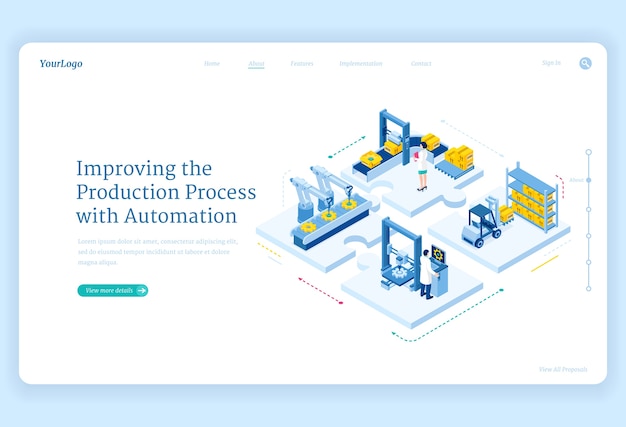 Vecteur gratuit processus de production avec page de destination isométrique d'automatisation. bras de robotique d'usine sur bande transporteuse, logistique d'entrepôt intelligente, révolution industrielle cyborg, travail en usine améliorant la bannière web 3d