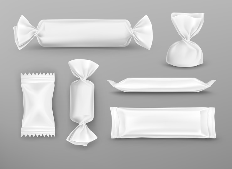 Vecteur gratuit production de bonbons en emballages vierges blancs