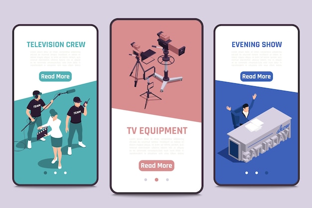 Vecteur gratuit production d'émissions de télévision 3 bannières d'écrans de smartphone isométriques avec illustration vectorielle de l'équipe de caméra assistant réalisateur équipement de télévision