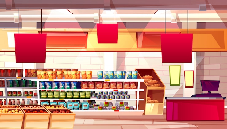 Vecteur gratuit produits alimentaires de supermarché et d&#39;épicerie sur l&#39;illustration des étagères.