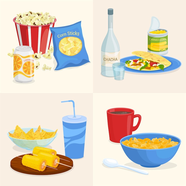 Vecteur gratuit produits à base de maïs plat serti de quatre compositions carrées de plats servis avec assiettes boissons et illustration vectorielle de restauration rapide
