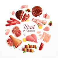 Vecteur gratuit produits à base de viande publicité promotion composition circulaire plate avec jambon steak saucisses bacon pain de viande illustration de jarret de boeuf