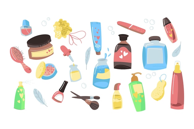 Produits de beauté, cosmétiques pour la peau et les cheveux. Illustrations vectorielles de bouteilles, tubes et bocaux. Pinceau de poudre de crème de lotion de lime à ongles de dessin animé isolé sur blanc. Soins de la peau, maquillage, concept de santé