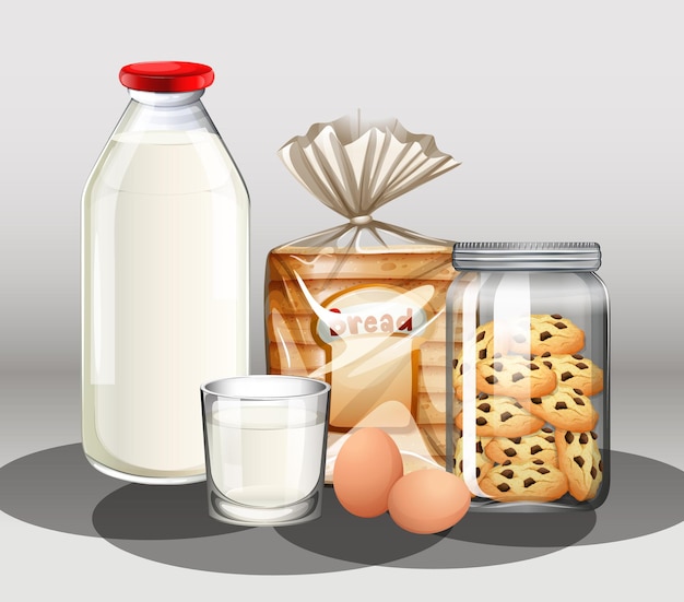 Produits de boulangerie avec bouteille de lait et deux œufs dans un groupe