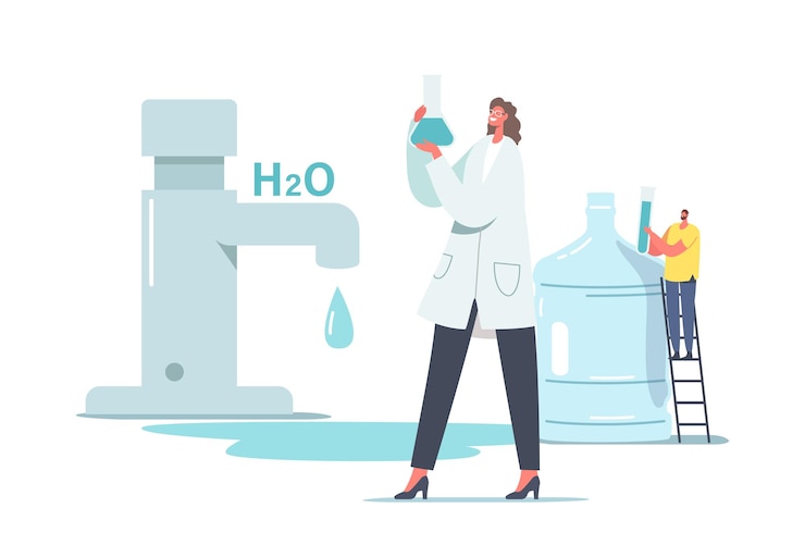 Vecteur gratuit produits chimiques dans l'illustration de l'eau. petit personnage féminin scientifique en blouse blanche tenir l'eau de recherche de bécher en laboratoire