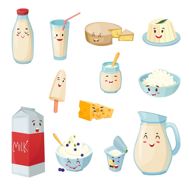 Vecteur gratuit produits de lait avec des dessins de sourires
