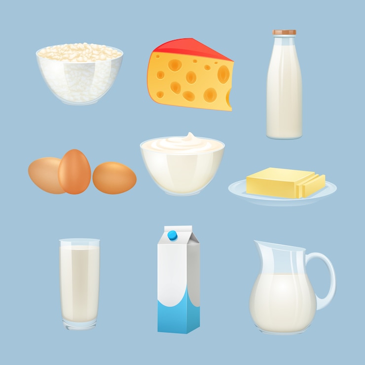Vecteur gratuit produits laitiers sertis d&#39;œufs, de fromage et de crème